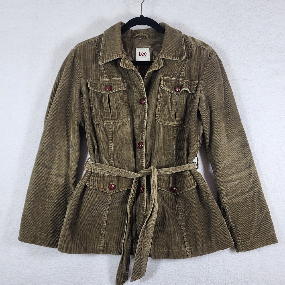Vtg Lee Women Corduroy Belted Utility Jacket Sz M Khaki Green Lined Outerwear